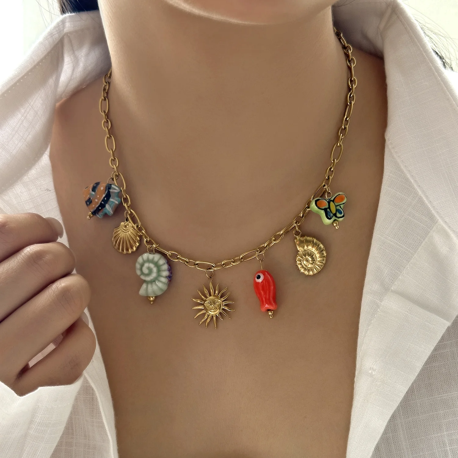 Mode Edelstahl Metall Conch Halsketten für Frauen Nette Shell Quaste Keramik Fisch Halsketten Party Täglichen Schmuck Geschenke – Detail 19