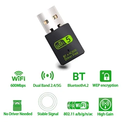 AC600 USB Wifi Adapter BT 4.2 Dual Band 2.4G/5GHz 600Mbps Mini Wireless Wlan Receiver For Laptop/Desktop PC