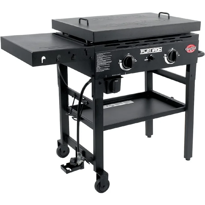 Flat Iron 2-Burner Propane Gas Flat-Top Griddle with Steel Griddle Top, Wind Guards and Removable Lid