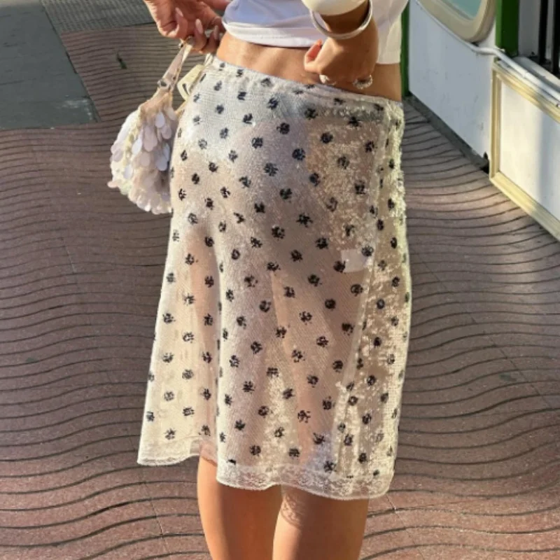 Femmes paillettes à pois jupe transparente maille Sexy voir à travers les jupes mi-longues été plage couvrir jupes