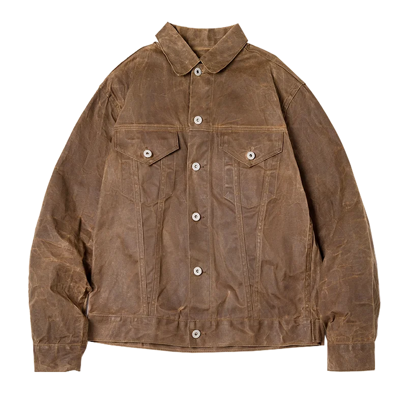 Maden Survêtement Rétro en Tissu Poids Lourd avec Enduit à l'Huile, Imperméable et Résistant au Vent, pour Homme, Automne, Khaki, Tissu de Coton, Style Safari et Travail de Tous les Jours, Blouson