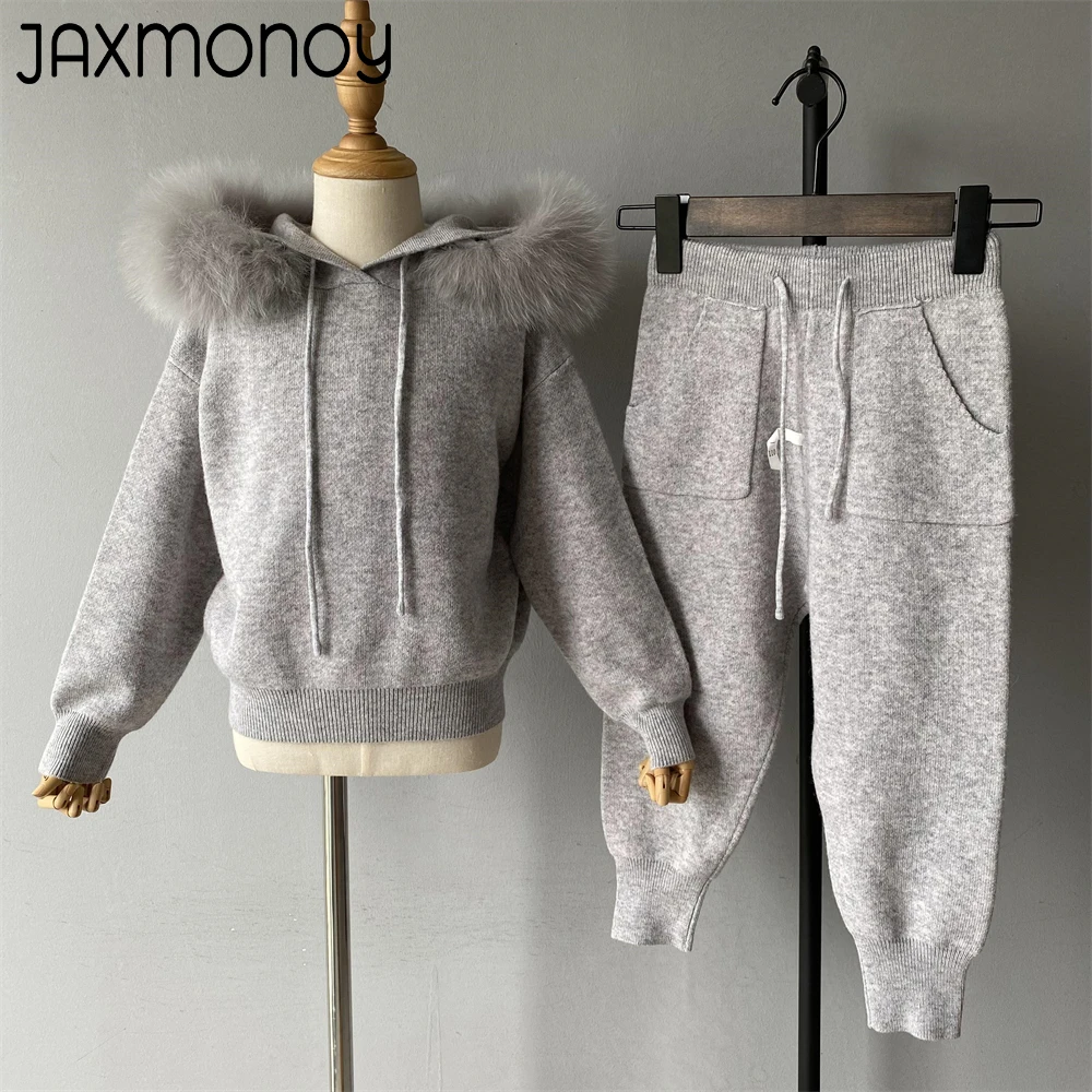 Jaxmonoy Sweater Set for Kids with Real Fur Collar Children Winter Clothes Boy Girl Fashion Warm Wool Blend Knit Sweaters New