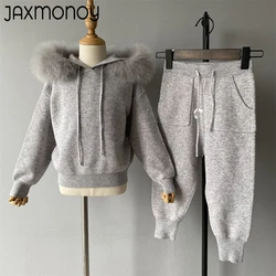 Jaxmonoy Sweater Set for Kids with Real Fur Collar Children Winter Clothes Boy Girl Fashion Warm Wool Blend Knit Sweaters New