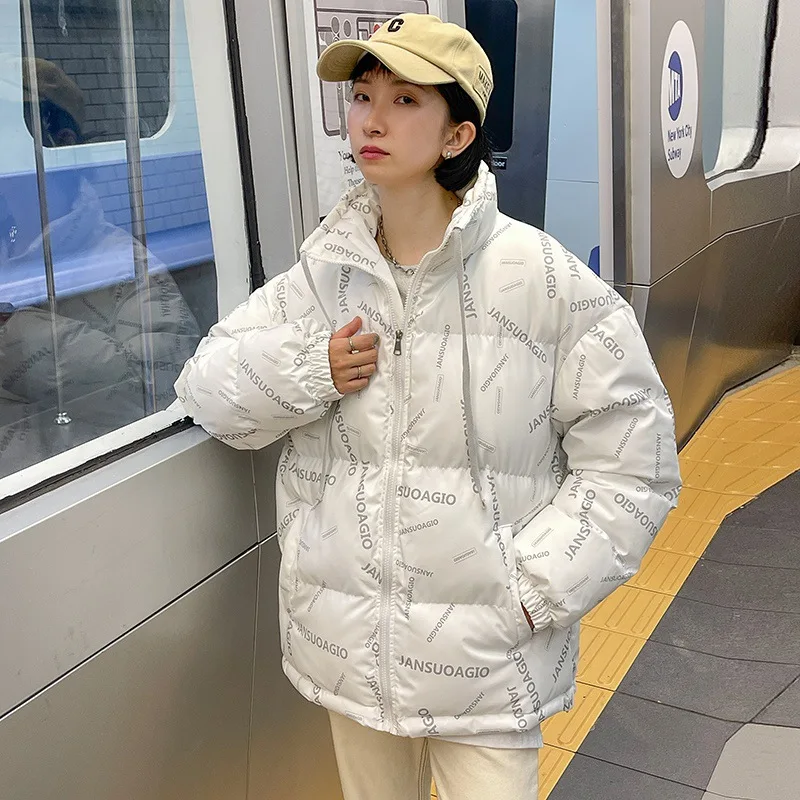 Fato de algodão de colarinho em pé feminino, casaco de breadman, estilo universitário solto, letra curta, versão coreana, outono e inverno