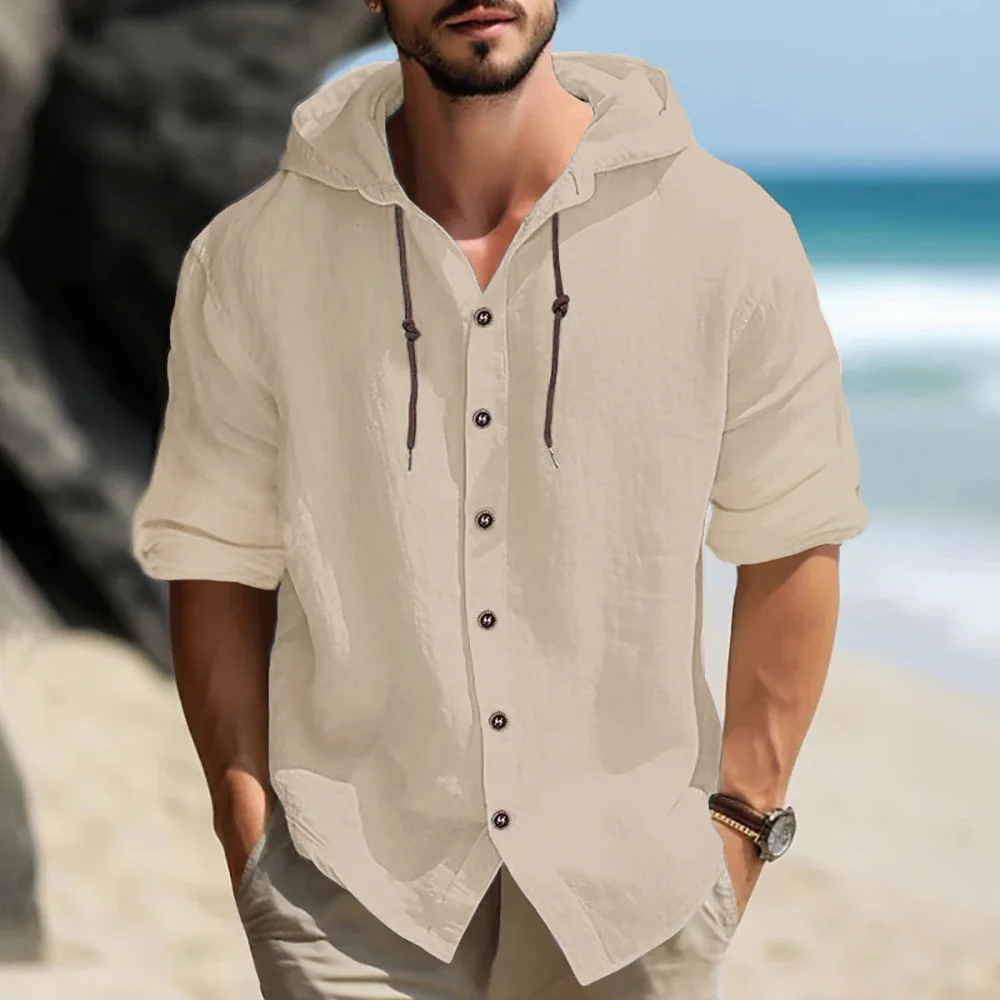 Cotton Linen Hooded Shirt for Men Spring Summer Long Sleeve Breathable Lightweight Button Top Beach Style Casual Cozy Shirt