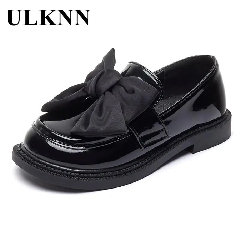 ULKNN Winered Children's Flats Black Big Bowknot Shoes Kid's Flat With Girls Ribbons Platforms Shoe Student Rubber School Shoes