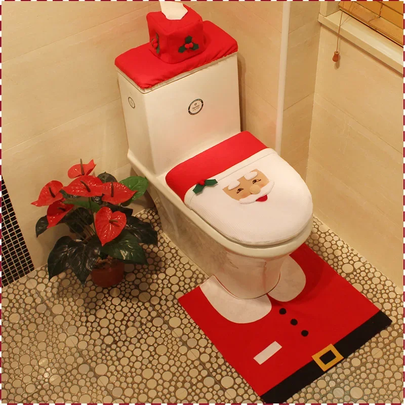 

3PCS Christmas Bathroom Decoration Christmas Indoor Home Decor Toilet Set with Toilet Seat Cover,Tank Cover Cover and Rugs Set