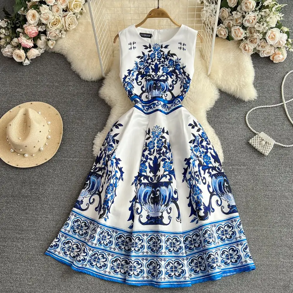 

Blue and White Porcelain Print Women Vest Midi Dress O-Neck Summer Sleeveless Slim High Waist A-Line Runway Tank Dress N9016