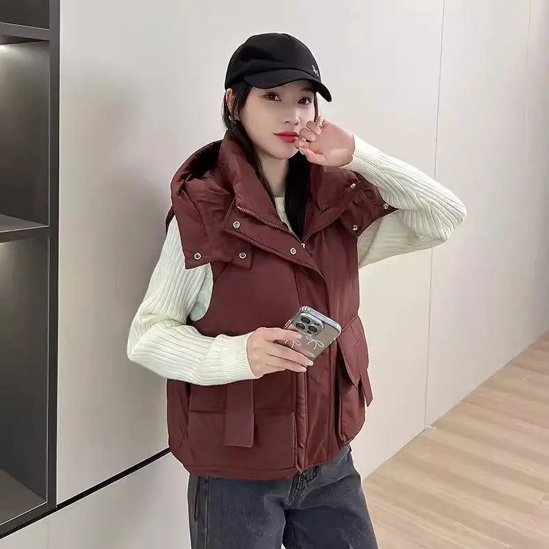 New Versatile Down Cotton Vest Jacket For Women Autumn And Winter Korean Version Loose 2024 Hooded Short Style Waistcoat K2294