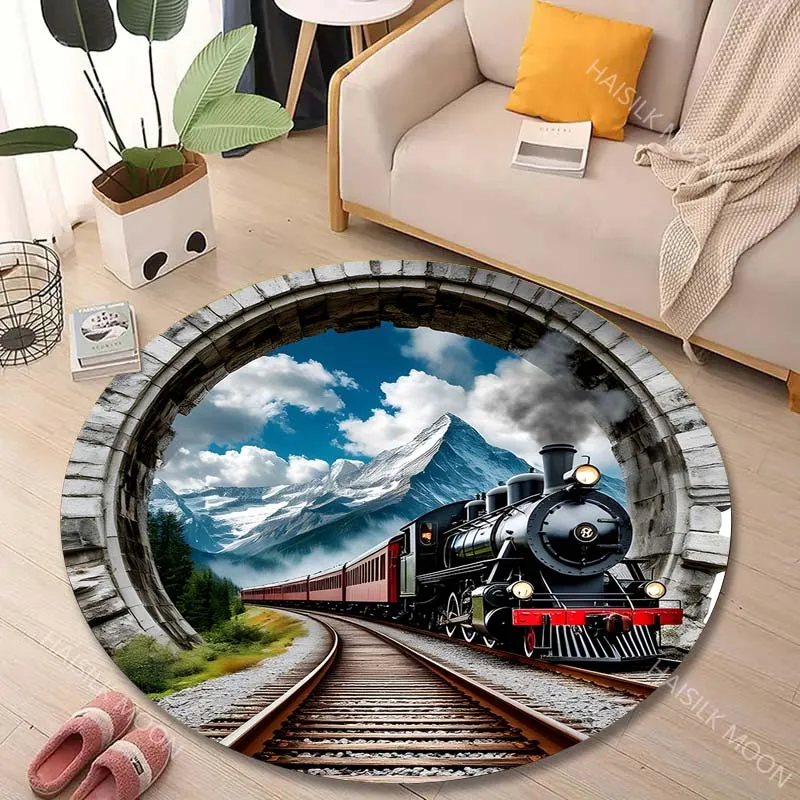 

Круглый ковер с принтом «Поезд проезжает через туннель к горам» для гостиной, спальни, под диван, стол, напольный коврик, элитный подарок