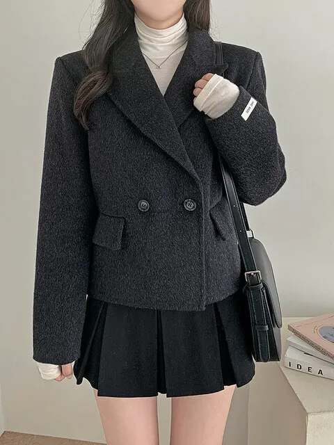 Długi płaszcz wełniany z szerokimi klapami, luźny krój, retro, elegancki, modny, damski płaszcz na zimę, idealny do pracy.