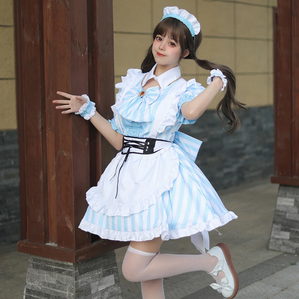 S -5XL Blue Strips Cute Lolita Maid Dress Costume Cosplay Girl Maid Dress Trending Girls Maid Party Costumes