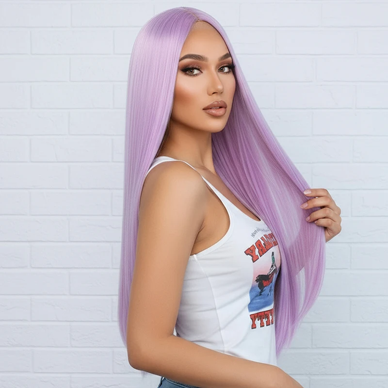 วิกผมผู้หญิงสไตล์ยุโรปและอเมริกา วิกผมไหมทนความร้อนสูง ผมยาวตรงสีม่วงอ่อน วิกผมใยสังเคราะห์