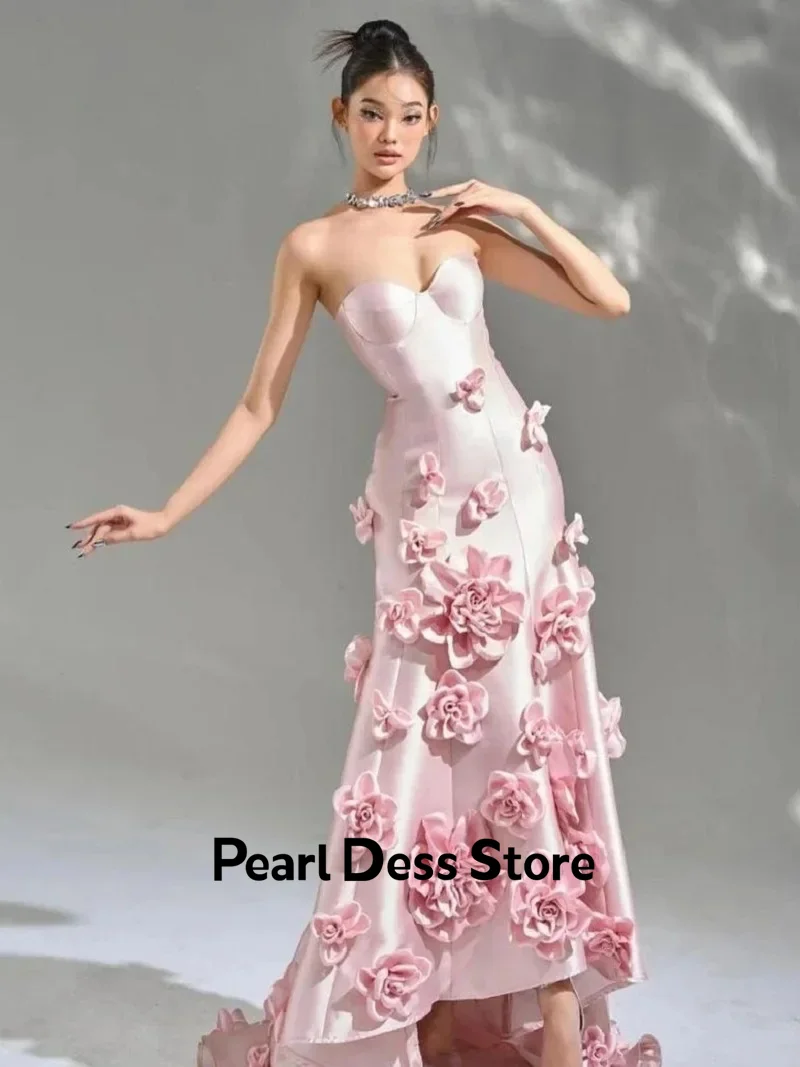 Pearl Evening Dresses Woman Elegant Chic Dress Es Satin Elegant Formal Dresses for Women 3D Flowers Off the Shoulders Long Skirt