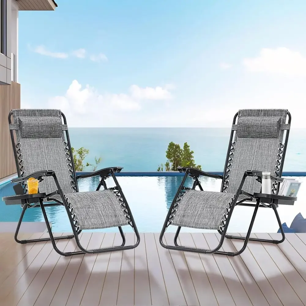 Set of 2 Zero Gravity Reclining Chairs with Adjustable Pillow and Cup Holders, Ideal for Outdoor, Poolside, and Beach Use (Gray)