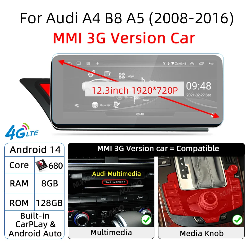 Android 14 Qualcomm CarPlay Draadloos Auto voor Audi A4 B8 A5 8K 2008~2016 MMI Auto Multimedia Speler GPS WiFi DSP