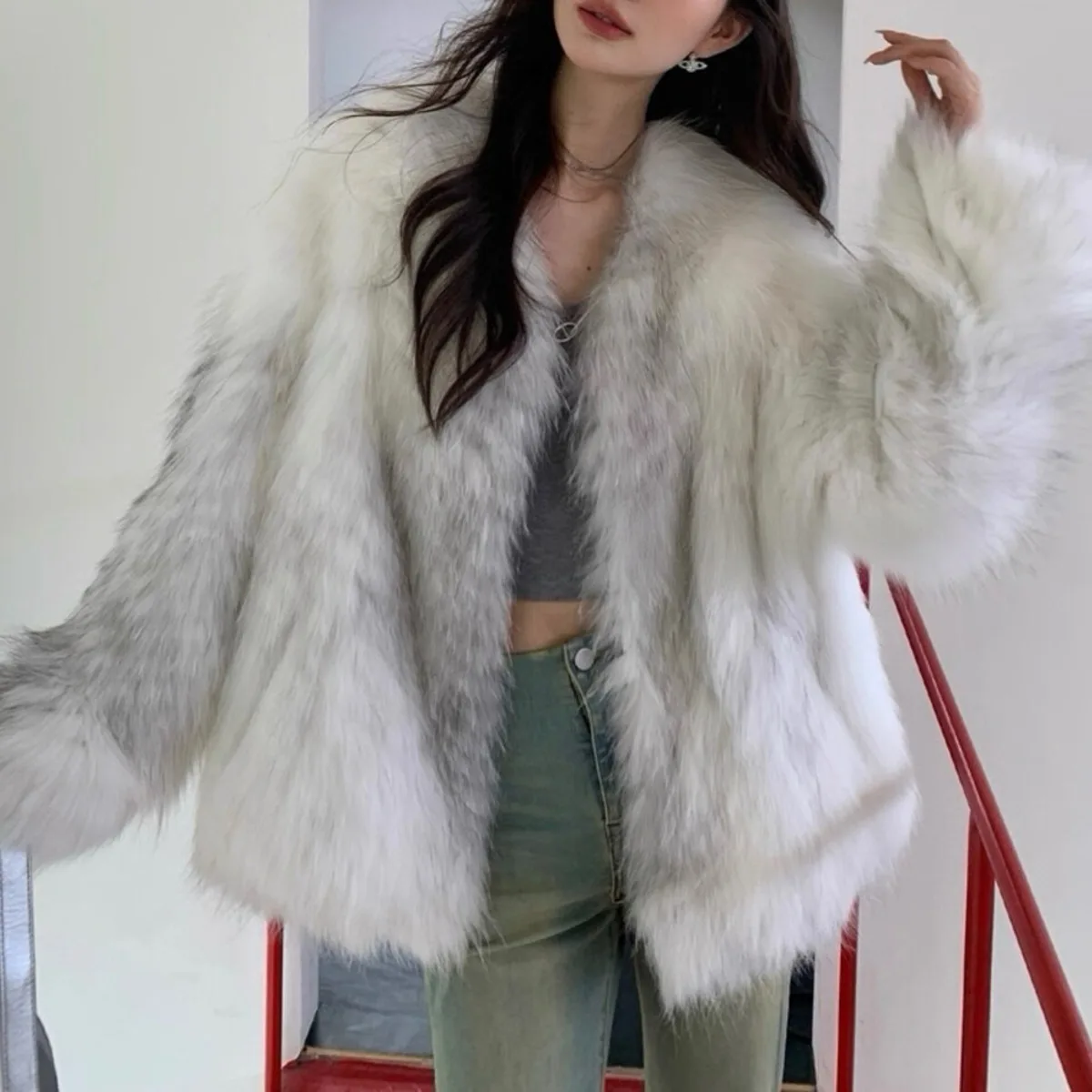 BKTZ Cappotto di pelliccia da donna Designer vintage di media lunghezza con scollo a V Tie-Dye Elegante ufficio minimalista Caldo lusso 2025 Autunno Inverno