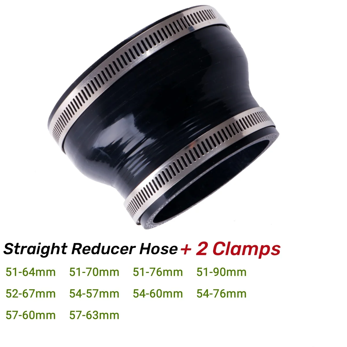 

1PC Gloss Black Straight Reducer Hose Silicone Connector Universal Tube Intercooler Pipe 51 52 54mm 57 60 63 64 67 70mm 2 Clamps