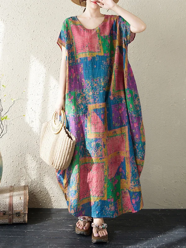 

Summer Artistic Vacation Style Travel Loose Fit Floral Cotton Linen Dress Thin Short Sleeve Long Dress round Neck Citywalk