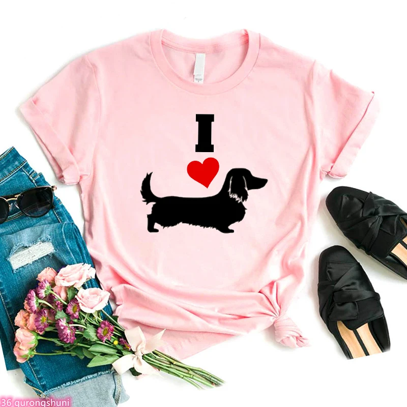 New T-Shirt Women Cute Dachshund Mom Dog Animal Print Tshirt Fashion Harajuku Tshirt Femme Summer Pink ShortSleeve Top wholesale