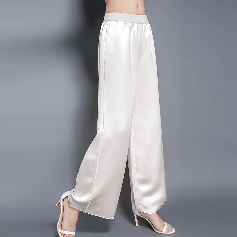 Birdsky, 1PC Women trousers pants straight pant wide elasticwaist real mulberry silk satin spandex 3 colors, S-934