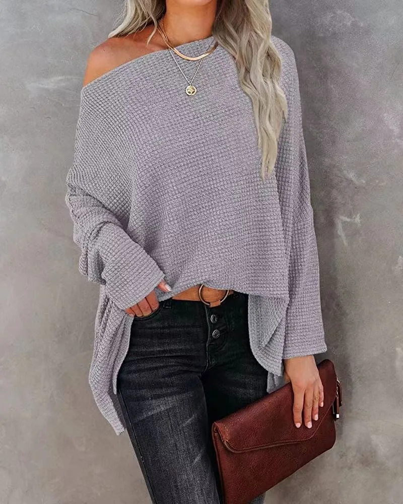 2024 new summer women\'s solid color loose top sweatshirt waffle off-shoulder sweater