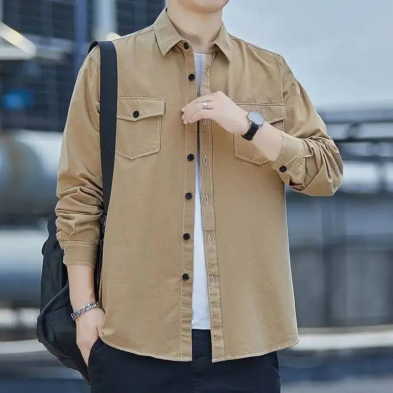 

Высококачественная мужская рубашка из чистого хлопка с длинными рукавами и двойными карманами на пуговицах, новая рубашка яркой линии, однотонный универсальный повседневный топ