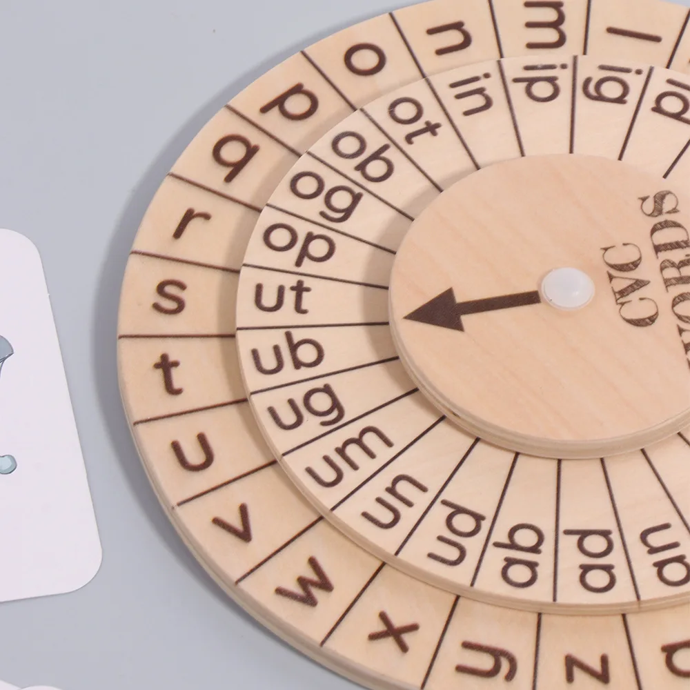 Wooden CVC Word Spelling Games Preschool Learning Activities Turning Rotating Wheel Board Montessori Educational Toys Gifts