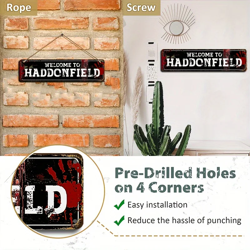 مرحبًا بكم في لافتة Hatdonfield Horror Street المعدنية المصنوعة من القصدير، وديكور رعب الهالوين القديم