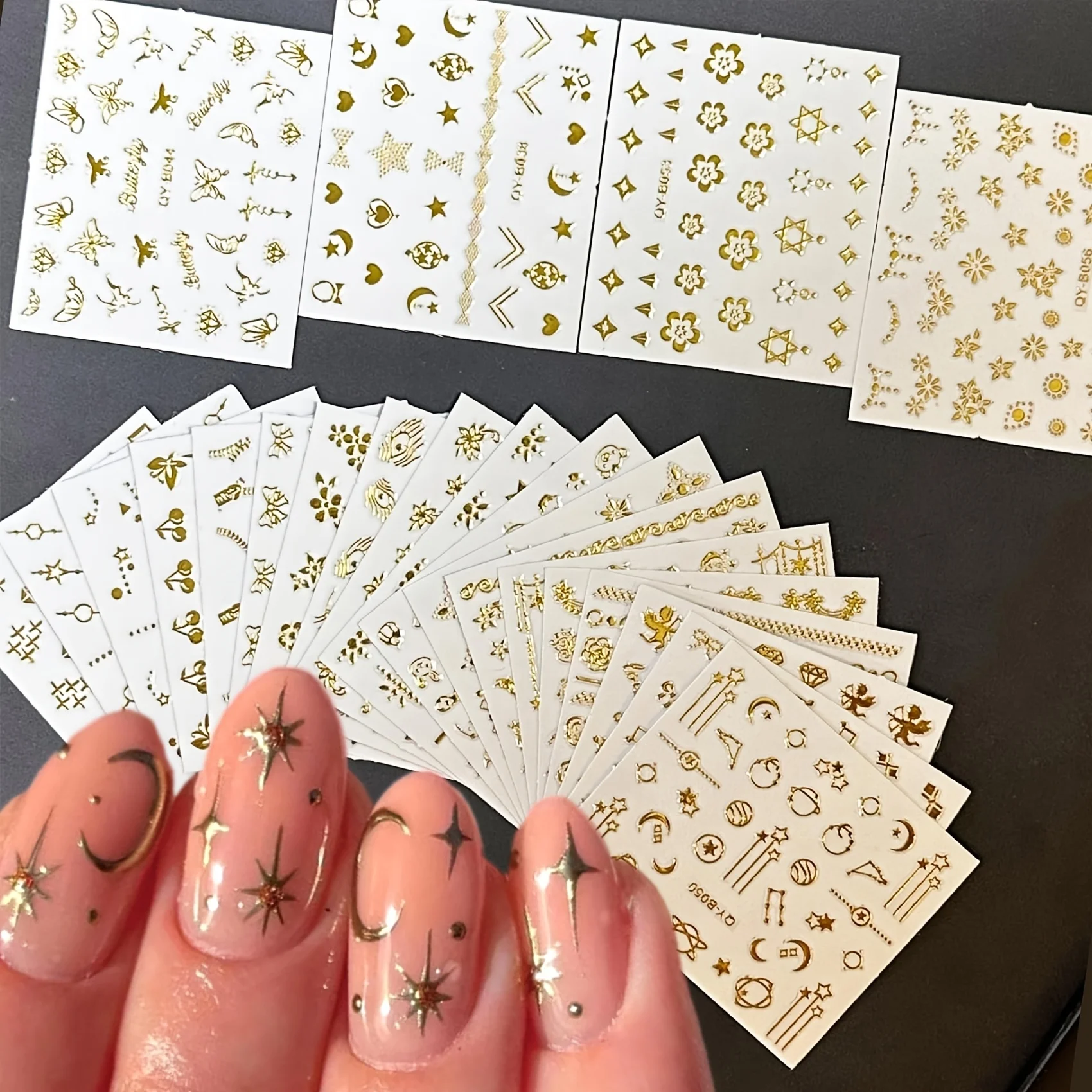 30 Stück heißgepresste Nail-Art-Aufkleber, 3D-Nagelaufkleber mit modischem Retro-Reißverschluss, Blumenblatt, Stern, Mond, Metallrahmen