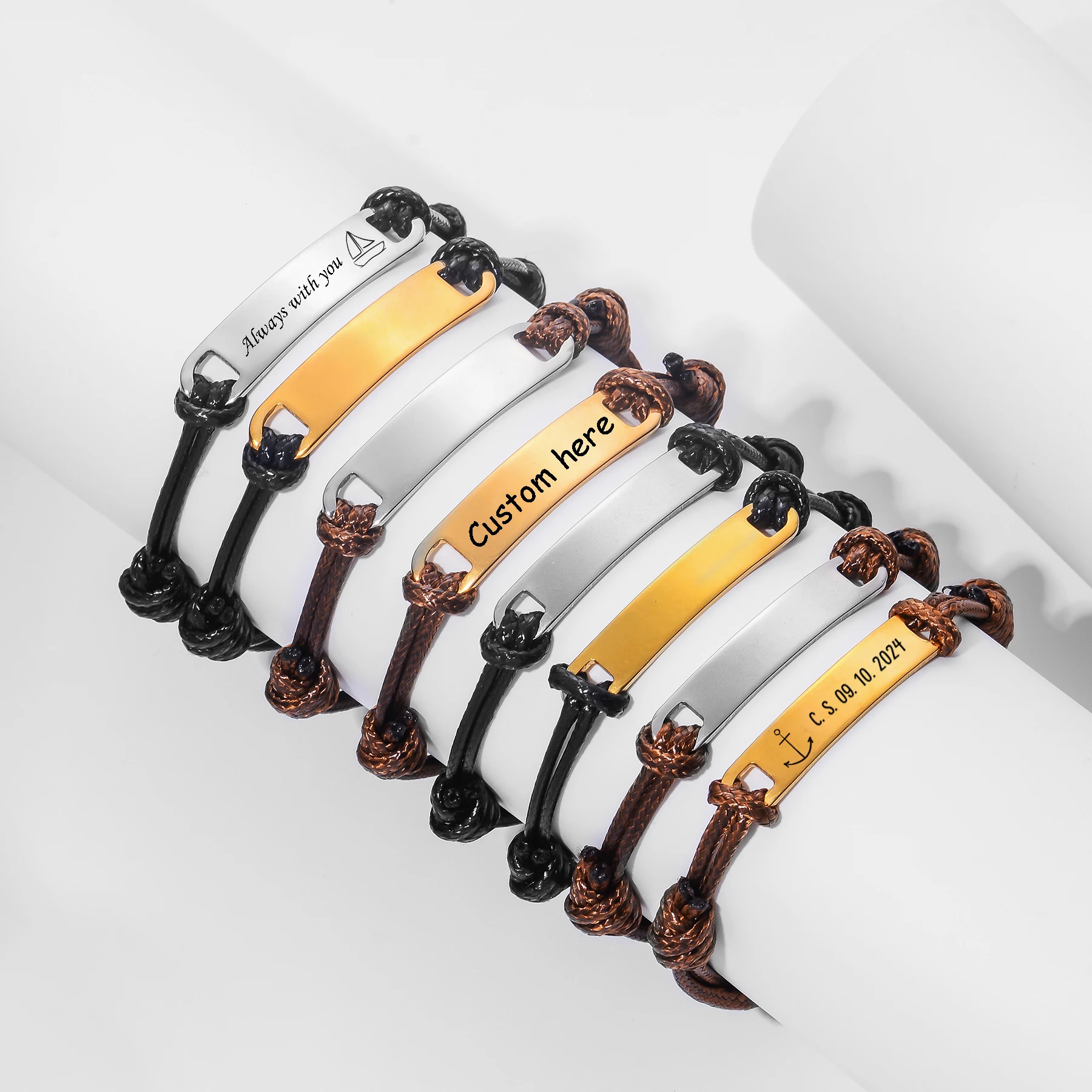 PU Leather ID Bracelet Stainless Steel Blank Customize Name Date Logo Bar Adjustable Length Personalized Wrist Jewelry