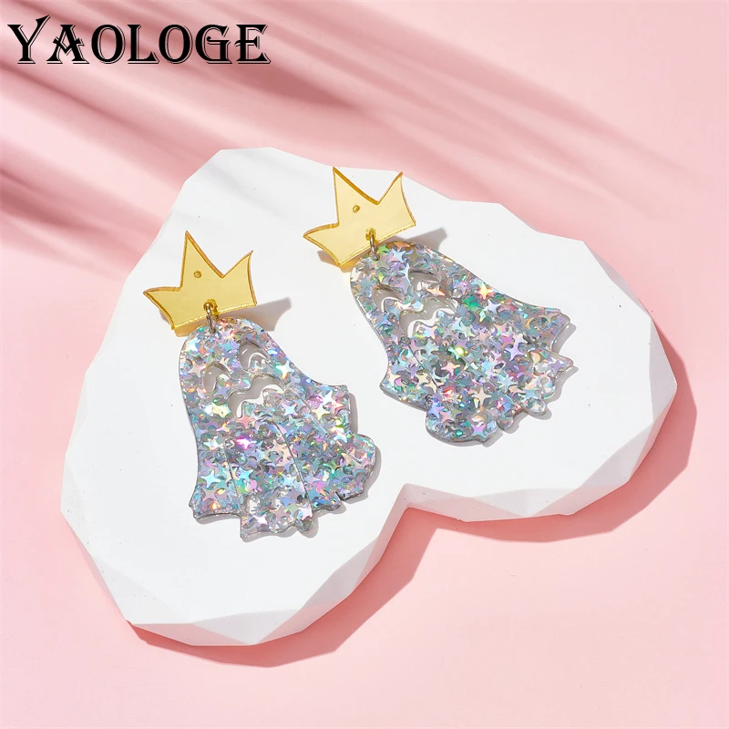 

YAOLOGE Acrylic Mirror Crown Laser Sequin Star Ghost Drop Earrings For Women Funny Exaggeration Girls Halloween Ear Jewelry Gift