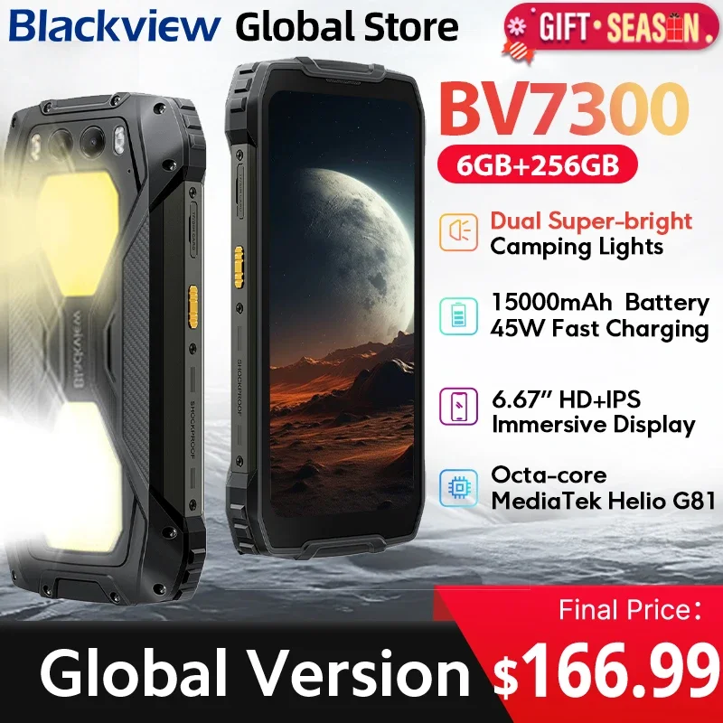 Blackview BV7300 Rugged Phone 6.67'' HD+ IPS 90Hz Display Dual Camping Light NFC 15000mAh 45W Fast Charge Android 14 Cellphone