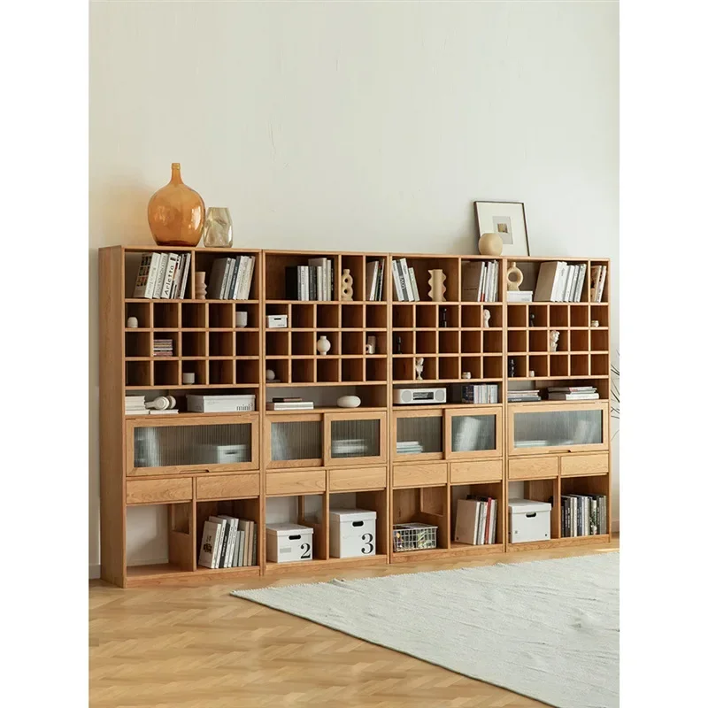 Nordic Cherry Wood Bookshelf Display Cabinet All Solid Wood Log Living Room Multifunctional Modern Simple Storage Cabinet Locker
