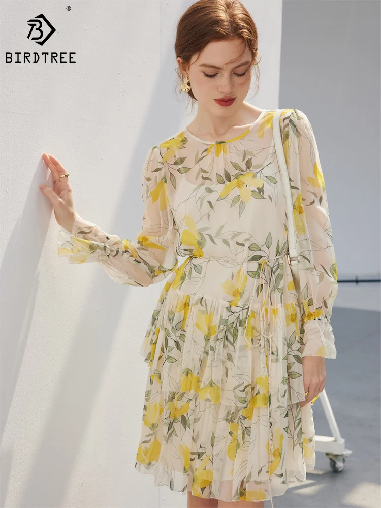 

Birdtree 6A 100%Mulberry Silk Elegant Dresses Women Flower Print Lace up Beach Dress Vacation Summer Autumn New 2023 D38542QM