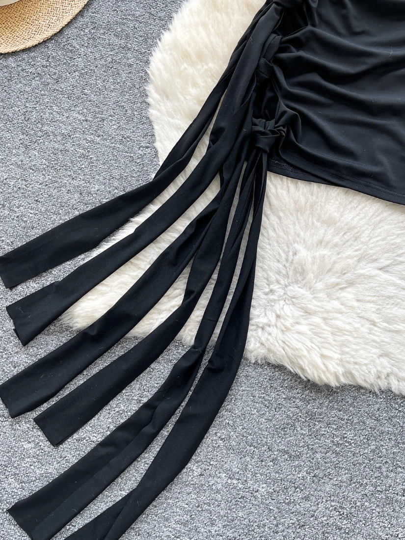 Foamlina Summer Women Black Strapless Dress Ladies Stylish Sleeveless Twisted Cutout Ruched Ribbons Mini Party Bodycon Dress