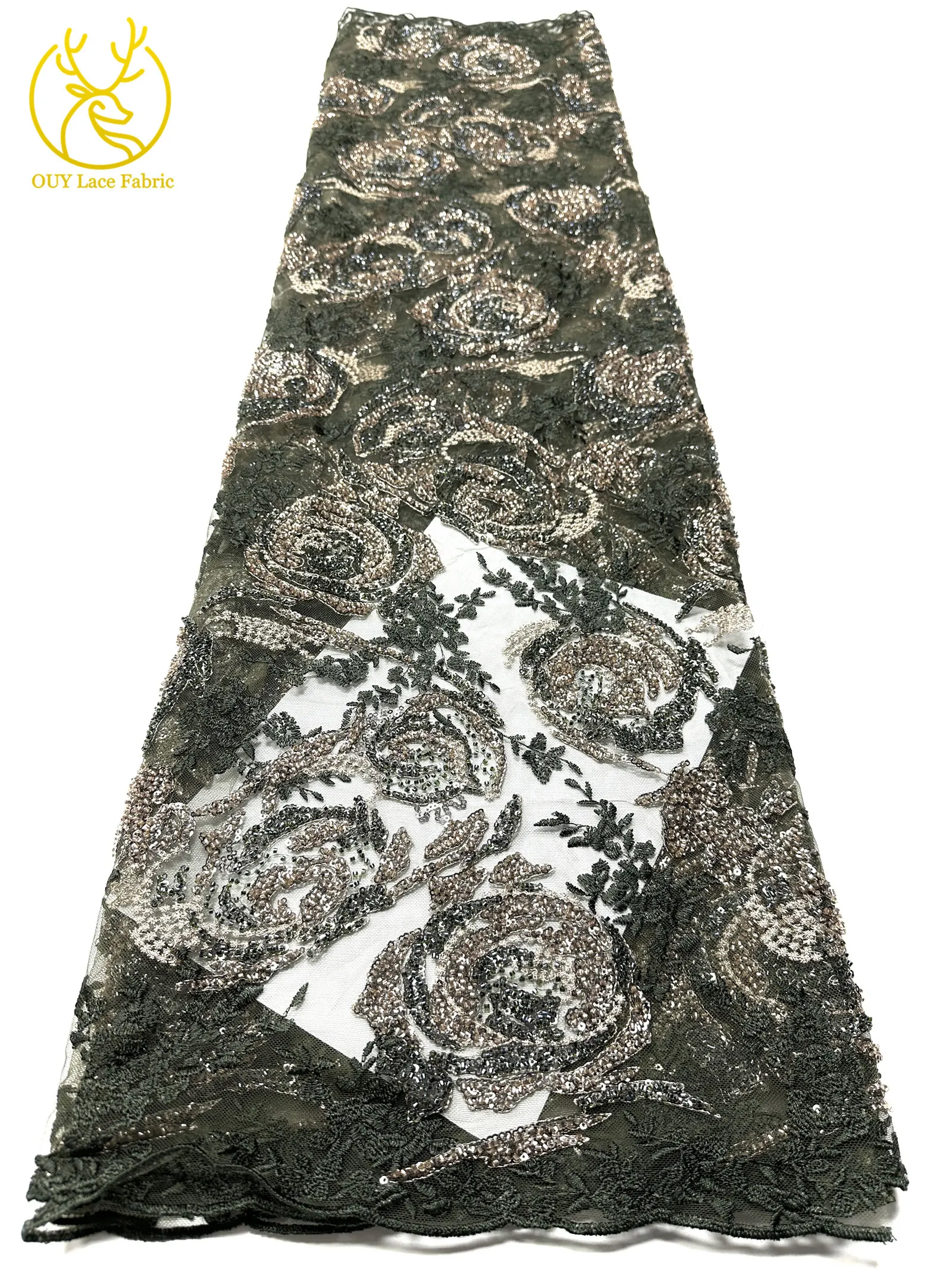 Modisches Kleid mit Stickerei, Spitze und Pailletten, Afrikanischer Spitzenstoff 2026, Rosa Französische Perlen-Spitze, Nigerianisches Partykleid, Nähzubehör 5Y – Detail 11