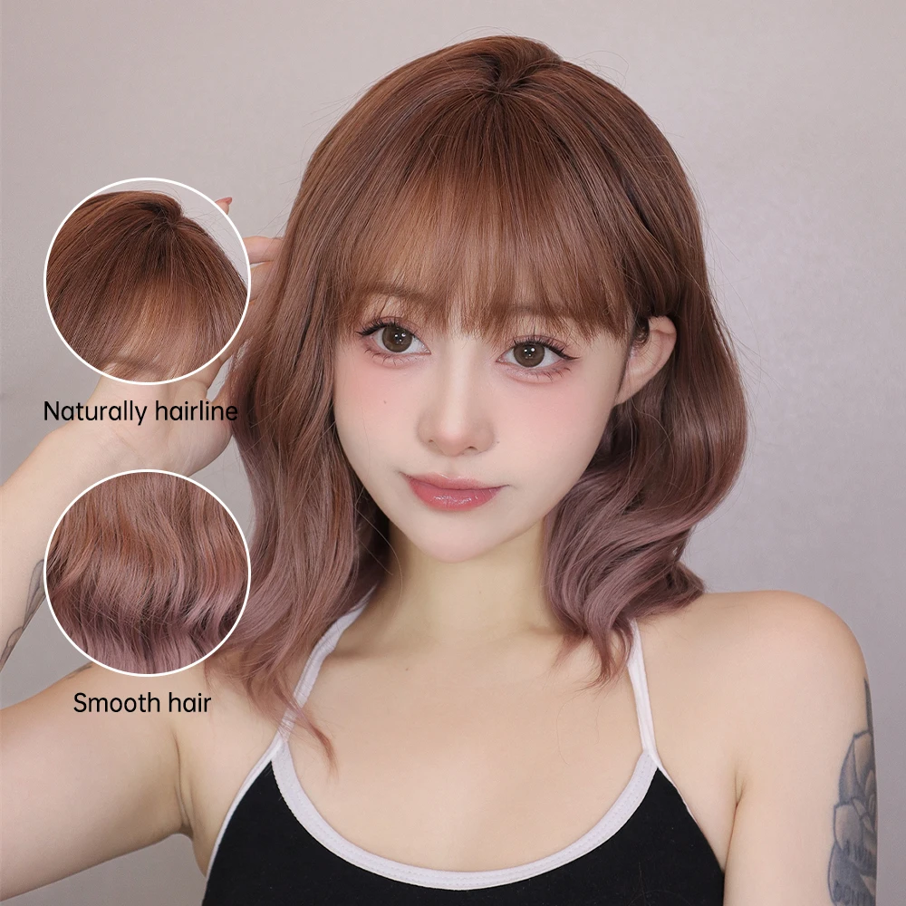 Pink Brown Body Wave Wigs for White Women Curly Short Colorful Hair with Bangs Natural Daily Party Synthetic Wigs Heat Resistant