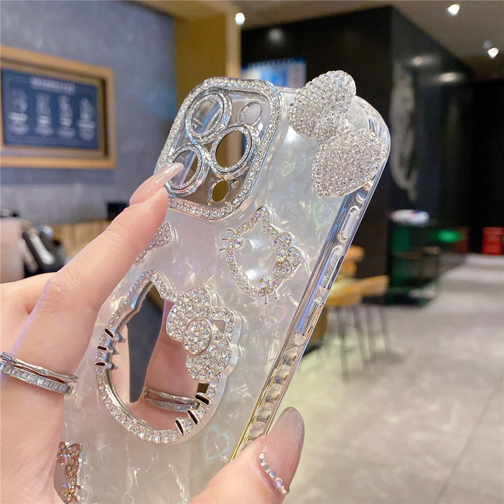 مجسمة لطيف القط مرآة لوضع مساحيق التجميل جراب هاتف آيفون 16 15 14 برو ماكس 14 15 زائد 13 12 11 الكرتون فتاة الماس شل غطاء