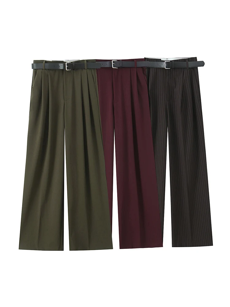 

Willshela Women Fashion With Belt Solid Pleated Front Zipper Straight Pants Vintage High Waist Full Length Female Chic Trousers
