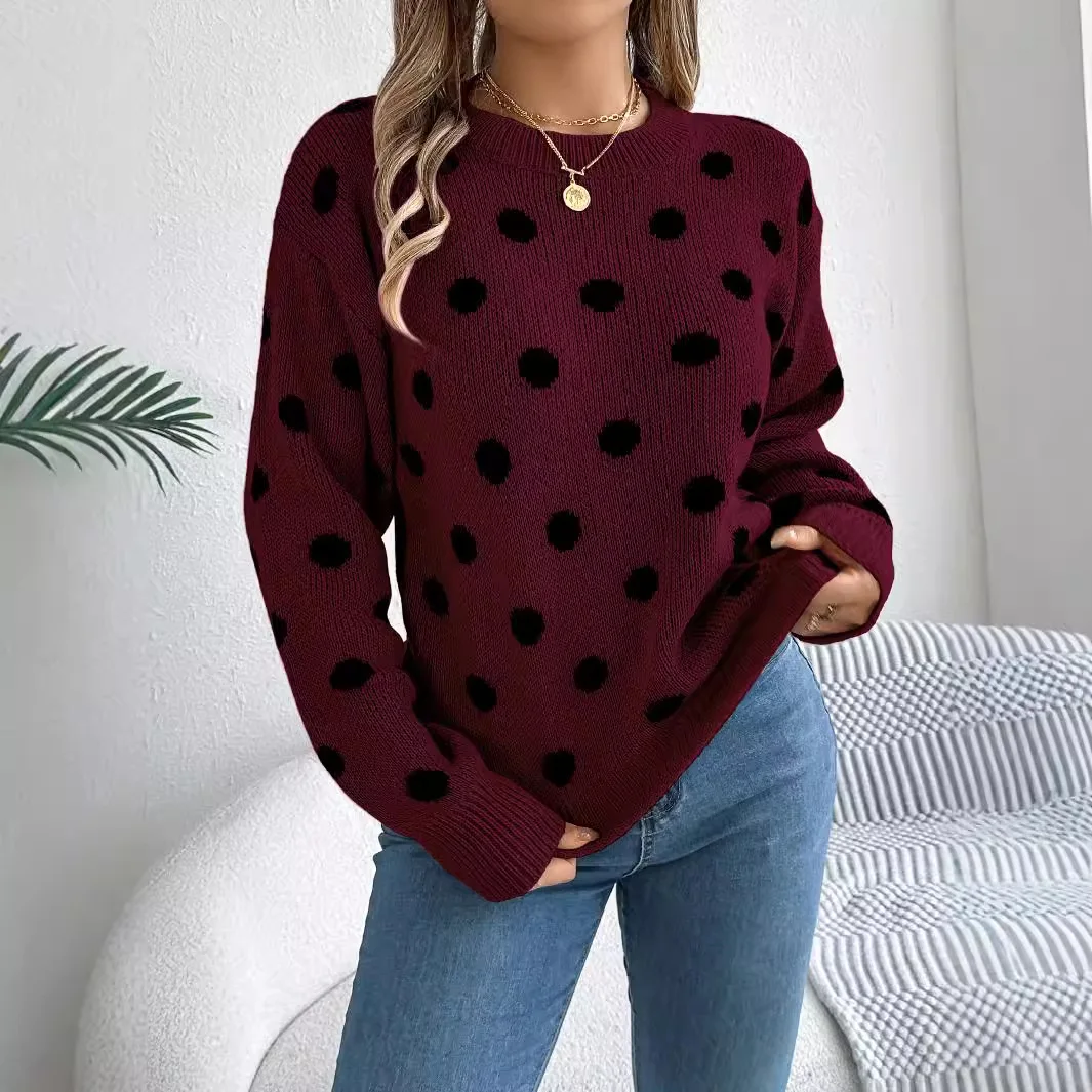 Autumn/winter Casual Color Blocking Polka Dot Long Sleeved Pullover Sweater Round Neck Fall Knitted Pullover Sweaters Jumper