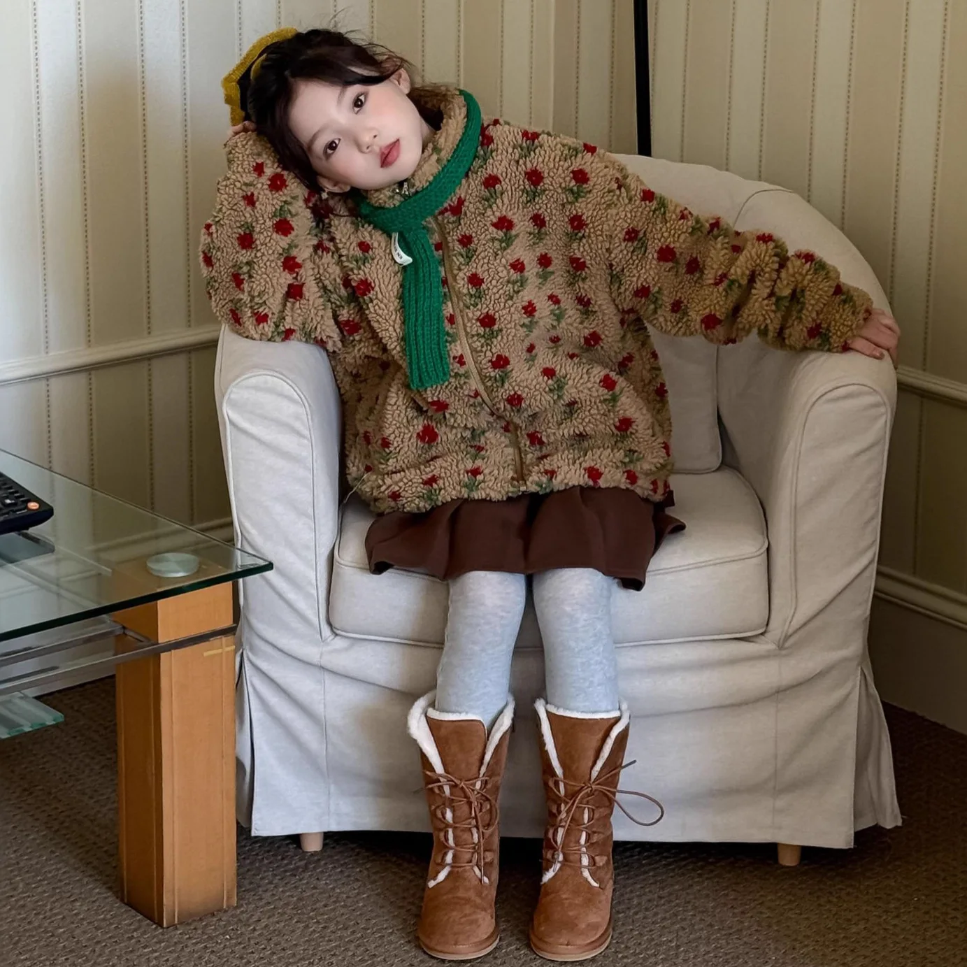 Girls Outerwear 2026 Winter New Item Stand Up Collar Lamb Wool Mixed with Cotton Thick Floral Top Daily Casual Sweet and Cute