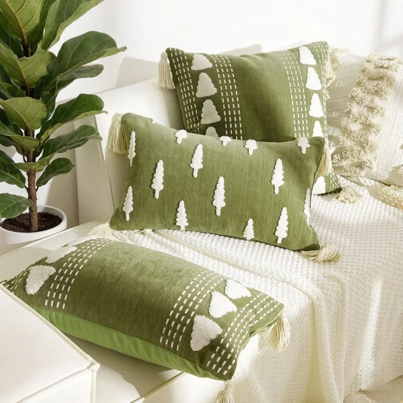 

Green Trees Embroidery Velvet Cushions Bohemian Throw Pillow Cover with Tassels 1pc 45x45cm cushion covers for bay window