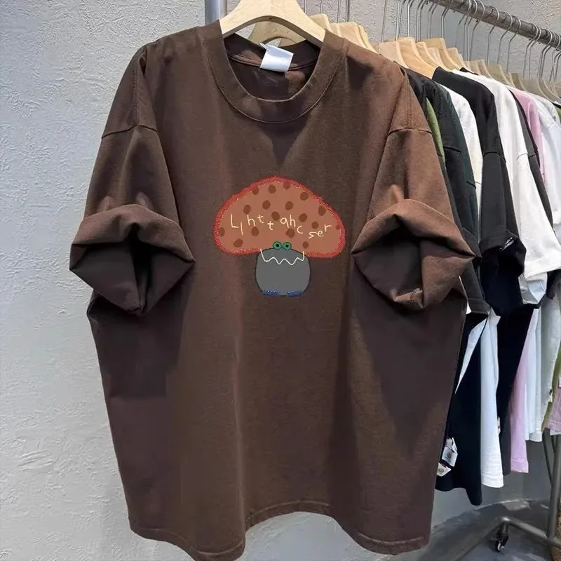 Women Crew Neck Cotton Short Sleeve T Shirt Cartoon Mushroom Print Loose Hide Belly Casual Summer Basic Top