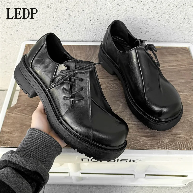 

LEDP Black High-top Thick-soled Pointed-toe Derby Leather Shoes, 2025 Autumn Business Casual Men's Trendy Shoes