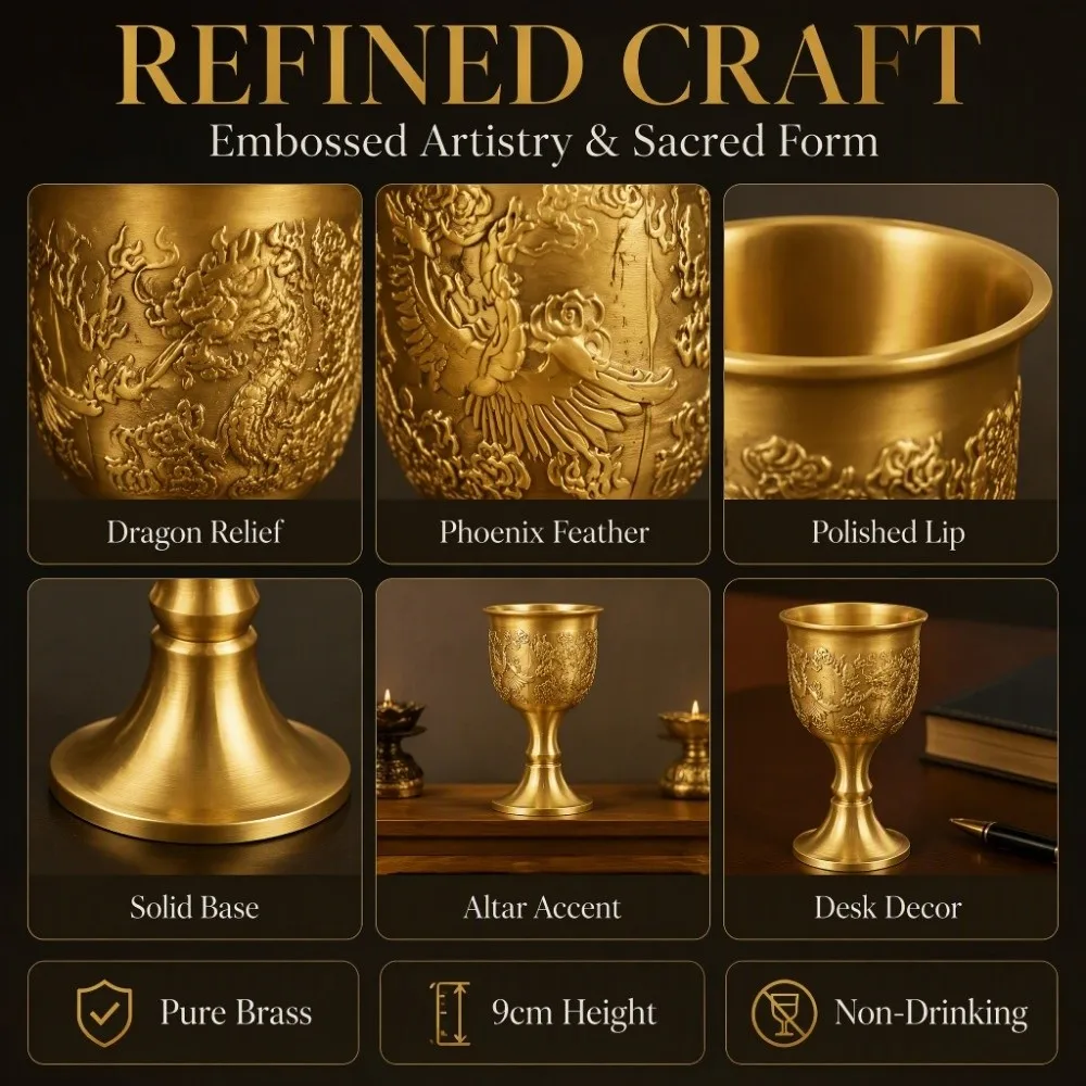 Elegant Brass Gold Chalice Height 9 cm Caliber 4.5 cm Brass Chalice Goblet Shape Dragon Phoenix Embossed Chalice Goblet Shrine
