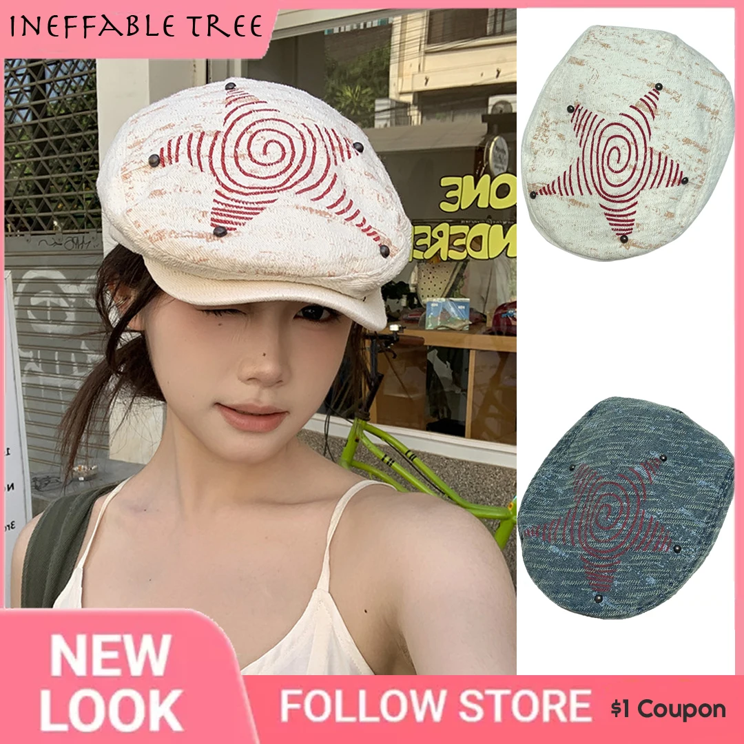

Japanese Department of Harajuku Retro Graffiti Stars Forward Hat for Women Versatile Y2K Pentagram Painter Beret Cap Boina Gorro