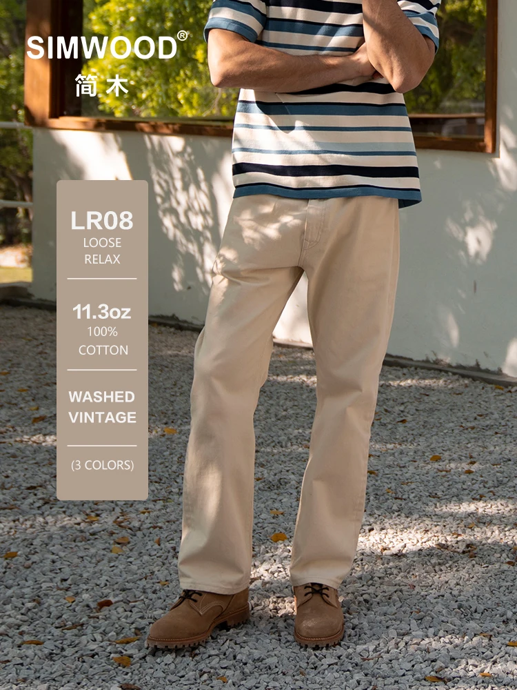 SIMWOOD 2026 Spring New Loose Relax 11.3oz Washed Vintage Jeans Men Plus Size Denim Trousers