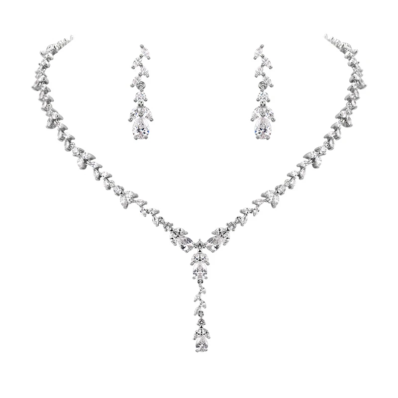 WEIMANJINGDIAN Brand New Arrival Elegant Leaf Shape Cubic Zirconia Necklace and Earring Wedding Jewelry Set