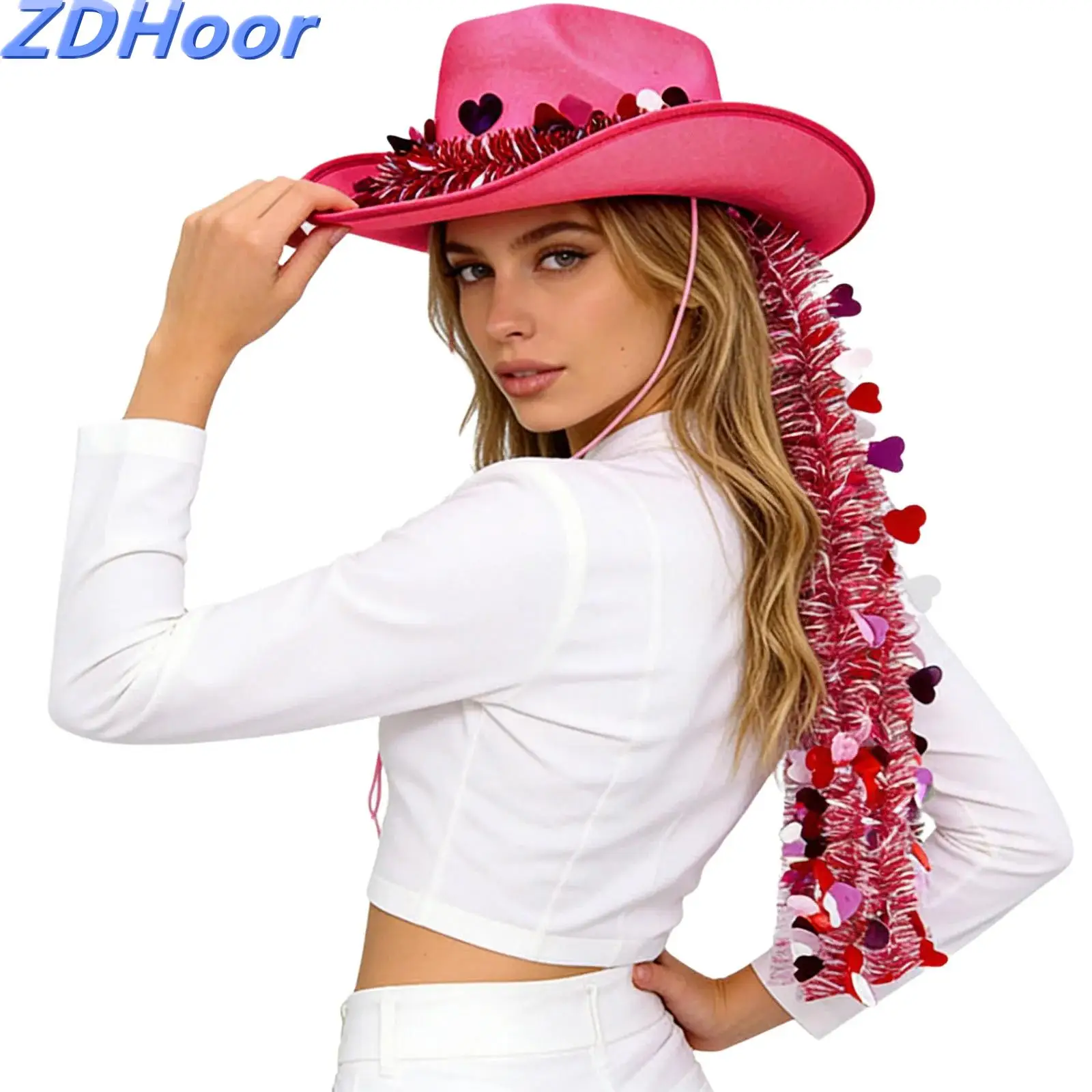 

Western Cowboy Hat Cowgirl Hat Heart Sequins Ribbons Decor for Women Men Wide Brim Fedora Hat for Valentine Day